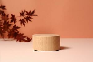 brown box made of precious wood, block, cylindrical podium, branch with maple leaves on a peach-colored background. conceptual autumn scene, stage showcase, product, promotion. generative ai. photo
