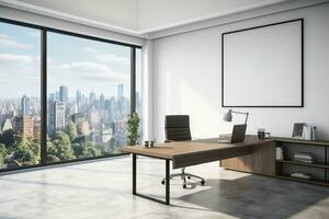 interior design, Modern office interior. White poster on wall. Mock up. CEO desk. City view, panoramic window. generative ai. photo