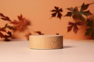 brown box made of precious wood, block, cylindrical podium, branch with maple leaves on a peach-colored background. conceptual autumn scene, stage showcase, product, promotion. generative ai. photo