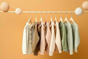 stylish baby clothes hanging on rack against color background. created generative ai. photo