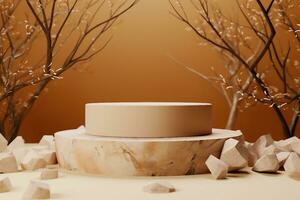 product display podium stand with stone rock. Abstract beige background scene with geometric shape. Brown pedestal table with autumn plants for beauty product. generative ai. photo