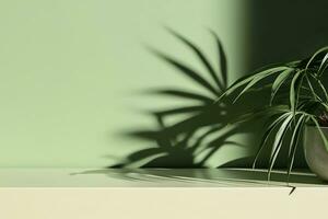 Modern minimal empty matte green counter table top, bamboo palm tree in sunlight, leaf shadow on green wall background for luxury product display. generative ai. photo