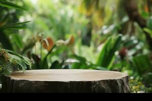 empty table top wooden counter podium in outdoor tropical garden forest blurred green plant background with space.organic product present natural placement pedestal display, generative ai. photo