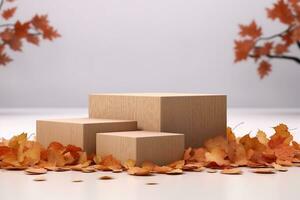Autumn concept empty wooden podium surrounded by fallen leaves on white background 3d render. generative ai. photo