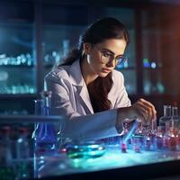 Professional female medicine scientist in protective eyeglasses researching Tube reagents photo