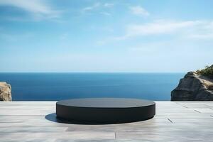 Empty round black podium on stone platform with sea and blue sky background for product display. Generative AI. photo