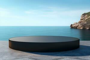 Empty round black podium on stone platform with sea and blue sky background for product display. Generative AI. photo