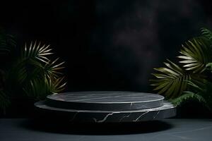 Empty black stone platform with tropical plants on dark background.Generative AI. photo