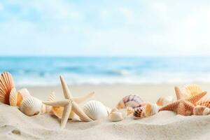 Beach Sea themed with beautiful shells, corals and starfish on pure white sand, summer concept. Generative AI. photo
