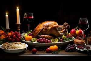 Tradition of a Thanksgiving feast focusing on a beautifully set dining table with turkey photo