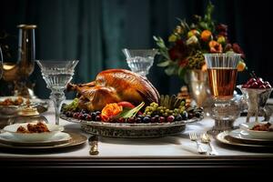 Tradition of a Thanksgiving feast focusing on a beautifully set dining table with turkey photo