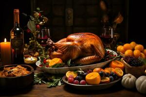 Tradition of a Thanksgiving feast focusing on a beautifully set dining table with turkey photo