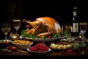 Tradition of a Thanksgiving feast focusing on a beautifully set dining table with turkey photo