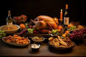 Tradition of a Thanksgiving feast focusing on a beautifully set dining table with turkey photo