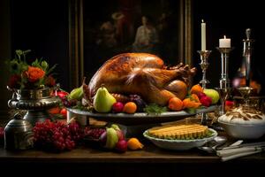 Tradition of a Thanksgiving feast focusing on a beautifully set dining table with turkey photo