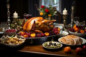 tradicion de un acción de gracias banquete enfoque en un hermosamente conjunto comida mesa con Turquía foto