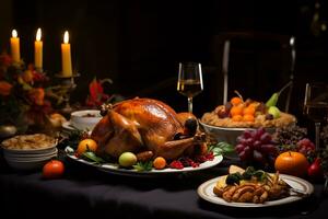 Tradition of a Thanksgiving feast focusing on a beautifully set dining table with turkey photo