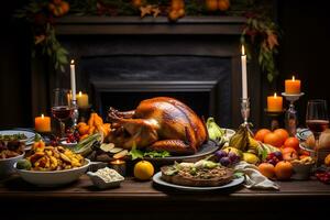 Tradition of a Thanksgiving feast focusing on a beautifully set dining table with turkey photo