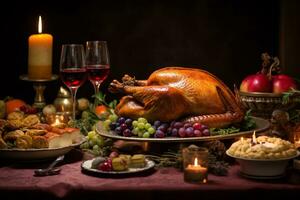 Tradition of a Thanksgiving feast focusing on a beautifully set dining table with turkey photo