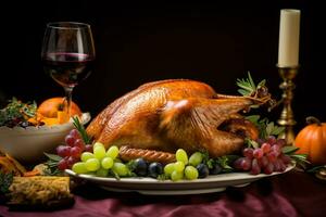 Tradition of a Thanksgiving feast focusing on a beautifully set dining table with turkey photo