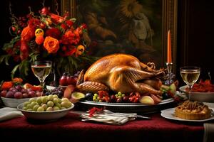 Tradition of a Thanksgiving feast focusing on a beautifully set dining table with turkey photo