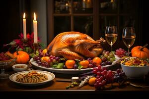 Tradition of a Thanksgiving feast focusing on a beautifully set dining table with turkey photo