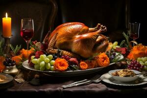 Tradition of a Thanksgiving feast focusing on a beautifully set dining table with turkey photo