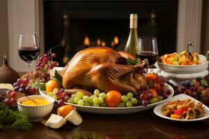 Tradition of a Thanksgiving feast focusing on a beautifully set dining table with turkey photo