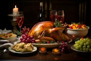 Tradition of a Thanksgiving feast focusing on a beautifully set dining table with turkey photo