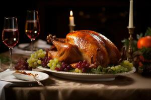 Tradition of a Thanksgiving feast focusing on a beautifully set dining table with turkey photo