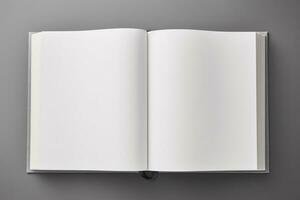 Top View Book Mockup with Open Book Blank White Page on Dark Gray Background, AI-generated photo