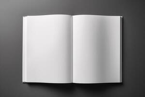 Top View Book Mockup with Open Book Blank White Page on Dark Gray Background, AI-generated photo