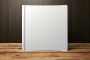 Front View Blank White Book Mockup on Wood Wall and Table Background Inspire Creativity, AI-generated photo