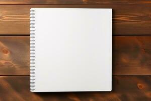 Top View Blank White Book Mockup on Wood Table with Pencils Minimalist Design, AI-generated photo