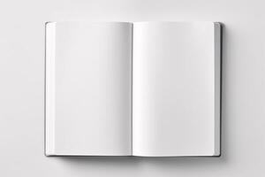 parte superior ver libro Bosquejo con abierto libro blanco blanco página en oscuro gris fondo, generado por ai foto