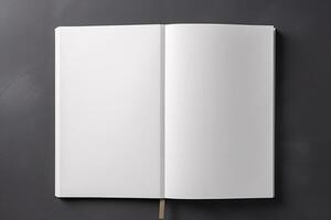 Top View Book Mockup with Open Book Blank White Page on Dark Gray Background, AI-generated photo