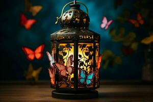 Vintage lantern with colorful butterflies.Generative AI photo