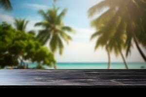 Empty black table top and blur tropical beach of the Background. For product display.Generative AI. photo