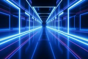 Futuristic corridor with glowing blue neon lights.Generative AI. photo