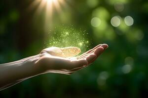 Human hand on green nature background with bokeh and sunlight. Generative AI. photo