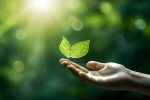 Human hand on green nature background with bokeh and sunlight. Generative AI. photo