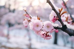 Cherry Blossoms in Hokkaido in the wintertime. Generative AI. photo