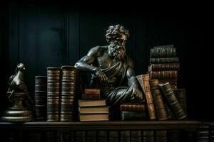 Academia vintage library greek sculpture old books.Generative AI photo