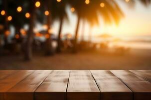 Wooden table and blur beach cafes background with bokeh lights. Generative AI. photo