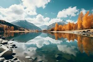 Beautiful autumn mountain nature lake with blue sky. Generative AI. photo
