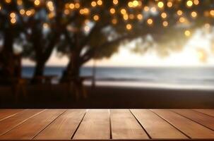 Wooden table and blur beach cafes background with bokeh lights. Generative AI. photo