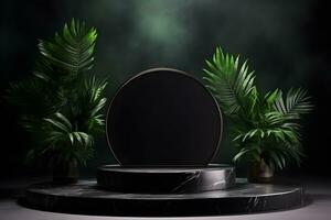 Empty black stone platform with tropical plants on dark background.Generative AI. photo