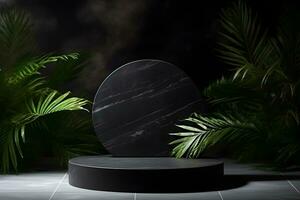 Empty black stone platform with tropical plants on dark background.Generative AI. photo