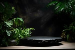 Empty black stone platform with tropical plants on dark background.Generative AI. photo