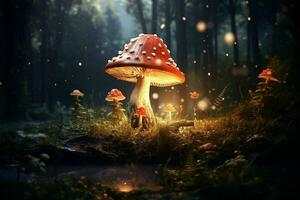 Mushrooms in the forest at night.Generative AI photo